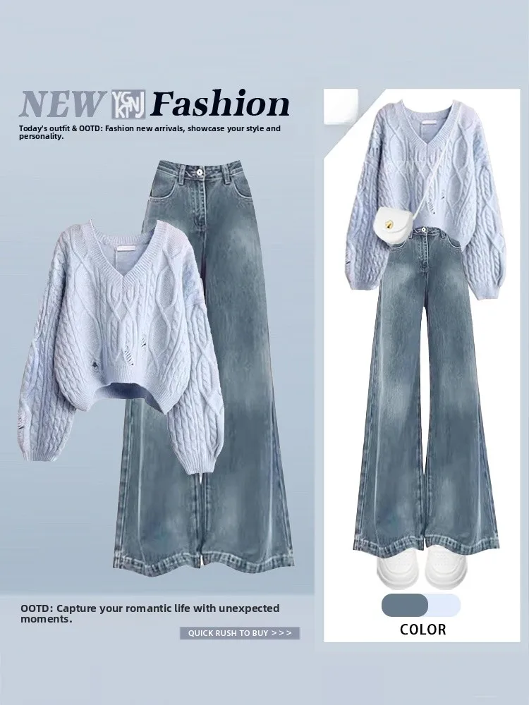 Autunno Inverno Morbido e accogliente Design con foro alla moda Maglione e jeans a campana Set da due pezzi per donna Casual Loose Sle Faion