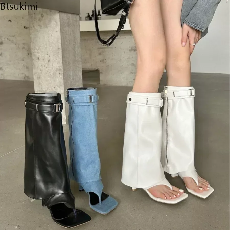 New 2024 Women\'s Belt Buckle Pants Boots Sexy Thin High Heels Boots Club Party Shoes Retro Sexy Sandals Ladies Runway Show Shoes