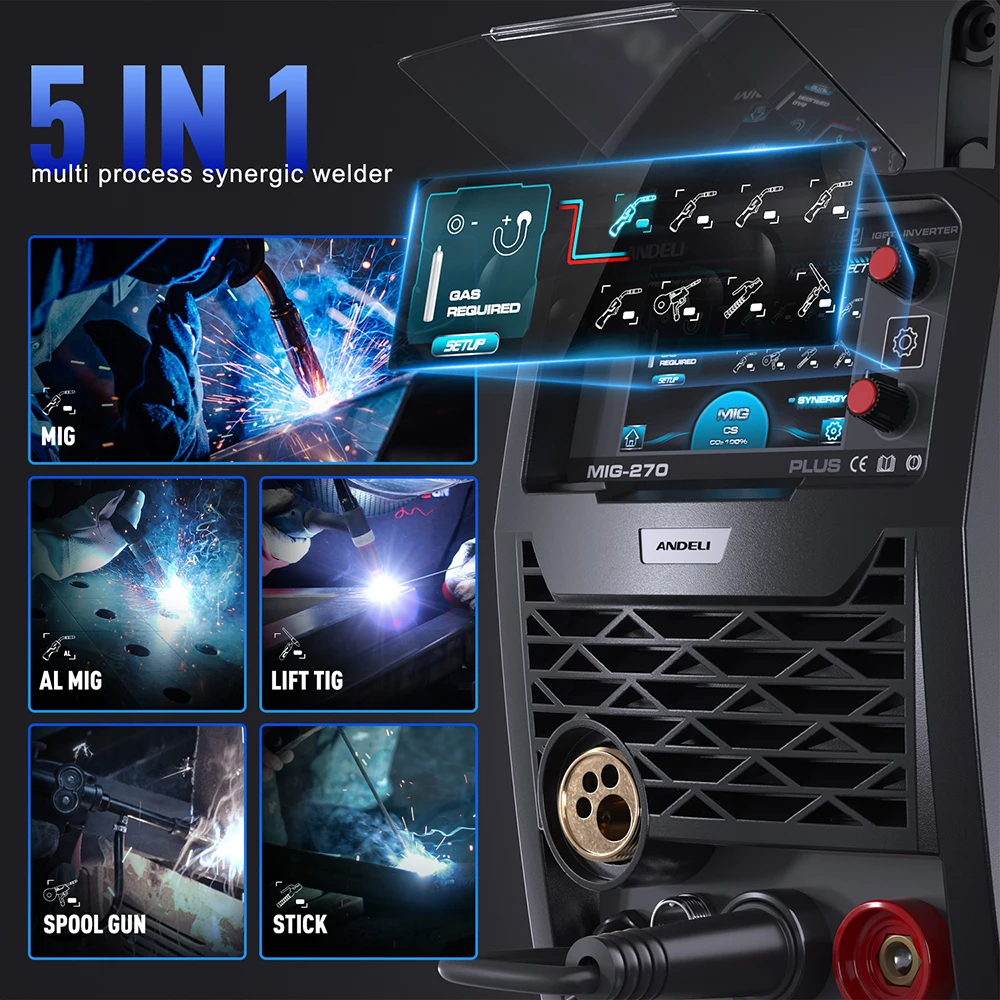 ANDELI 200A MIG Welder MIG/TIG/MMA/Aluminum Welding Gas/Gasless Semi-automatic Welding Machine 5 in 1 Multiprocess Welders