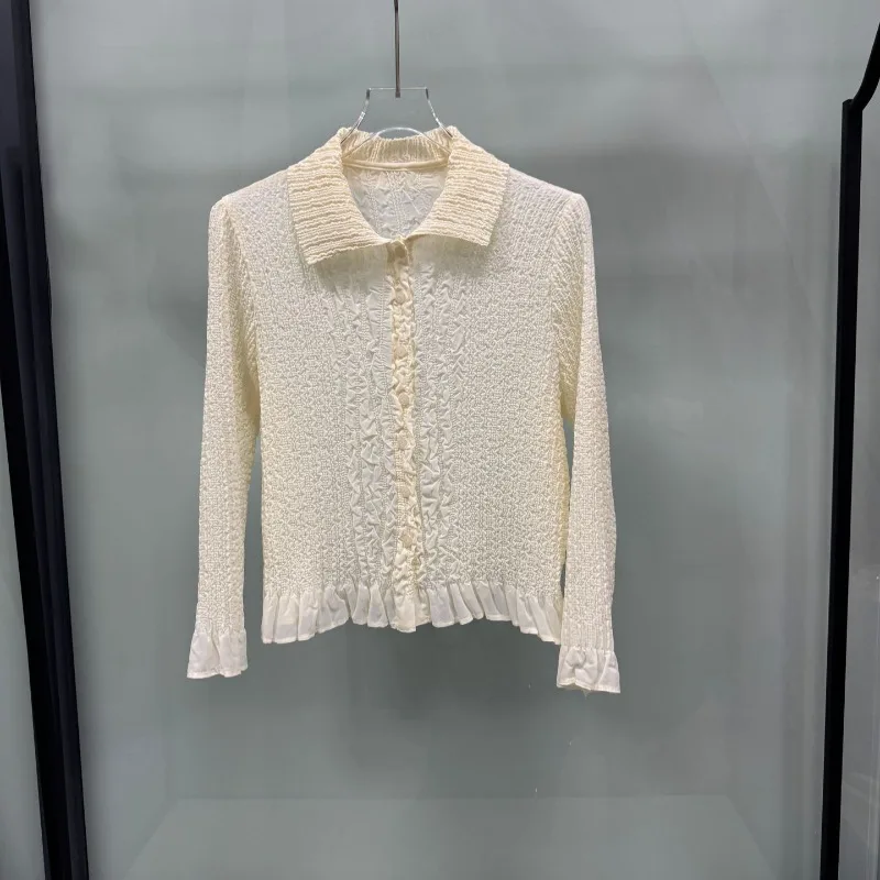  Pleated Blouse Polo Collar Thin Fold Shirt 2026 Autumn New Textured Embroidered Sun-Protective Long-Sleeve Jacket Shirt