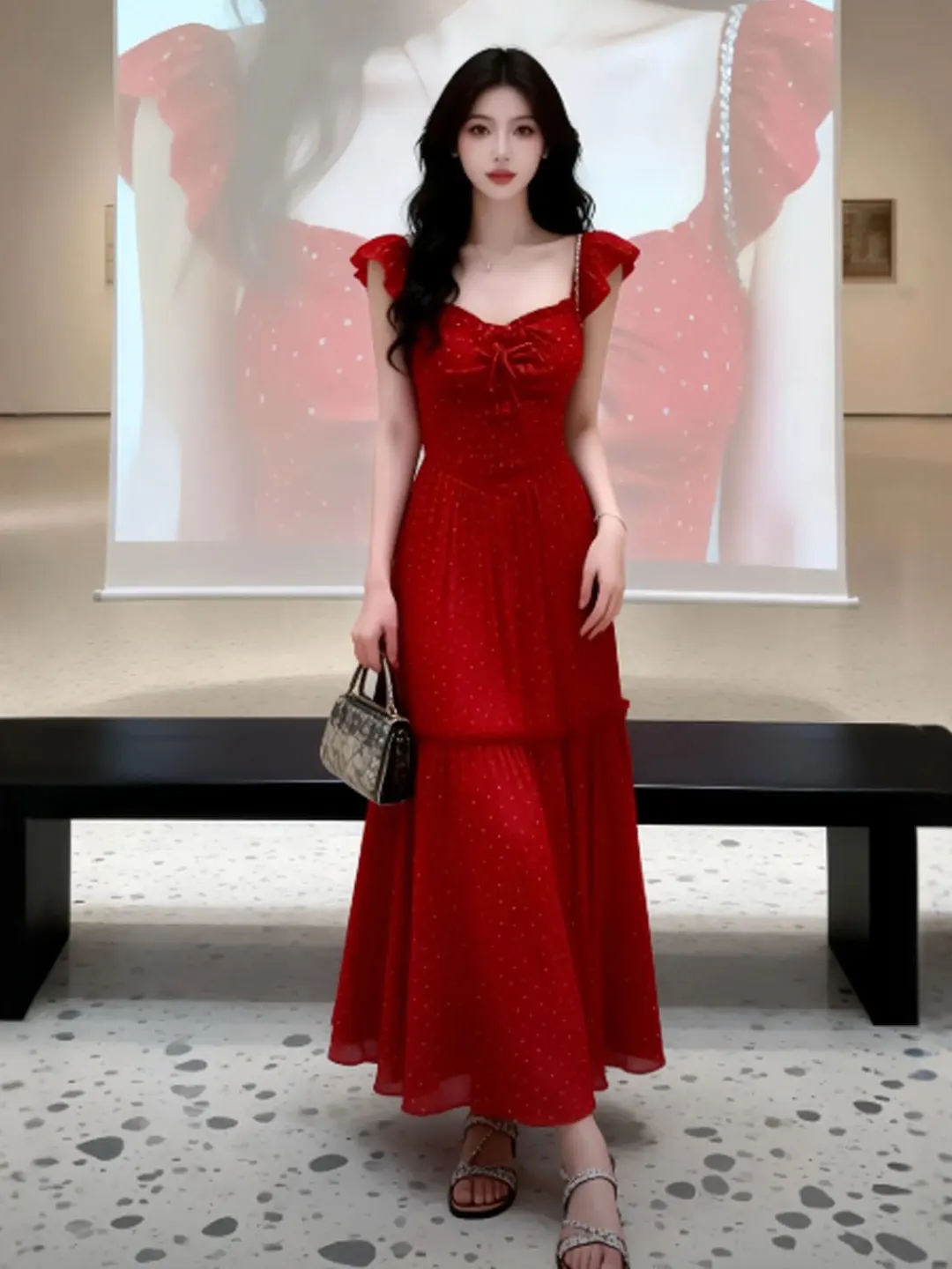 

Нежное красное платье с рукавами-крылышками: элегантное и скромное, красивое летнее женское хлопковое платье для бизнеса и повседневной носки, коллекция 2026 года