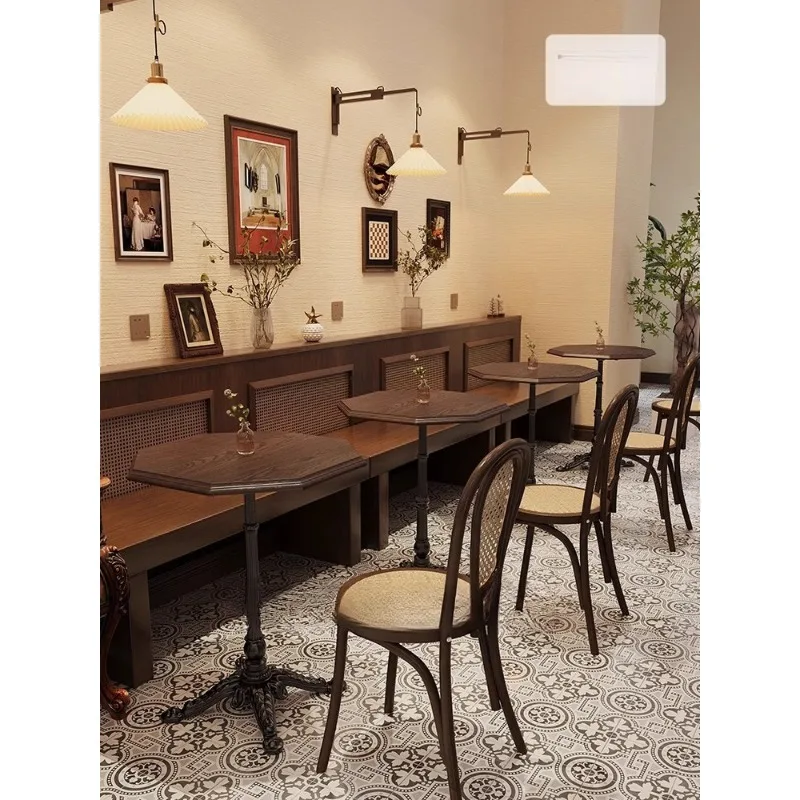 Cafe tables and chairs solid wood retro western restaurant square round table commercial snacks dessert shop dining bar table ch