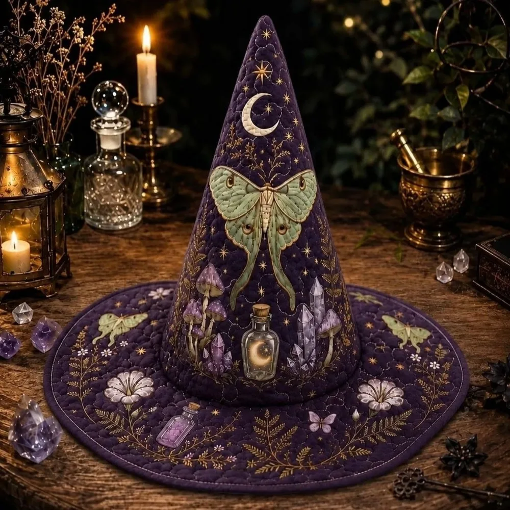 Wide Brim Halloween Witch Hat Cosplay Vintage Pointed Wizard Hat Reindeer Quilting Process Party Hat Halloween