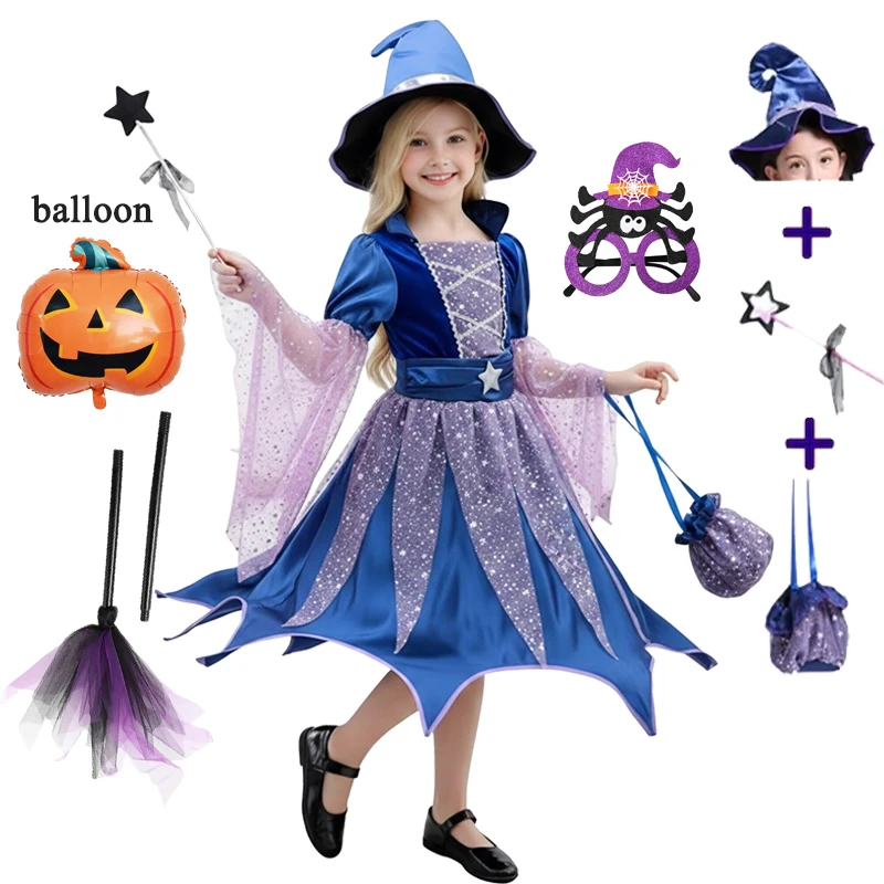 Halloween Cosplay Party Mädchenkostüme Hexenkleid 4-teiliges Set mit Tasche, Hut und Zauberstab Kinder Karnevalskostüm Vestidos Party Cosplay Kleid