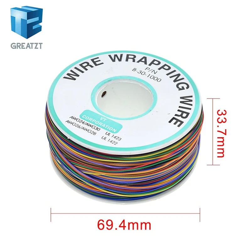 TZT Wrapping Wire 8 30AWG Insulation Wire B-30-1000 UL1423 0.25mm Tinned Copper Solid PVC Cable Breadboard Jumper Wire Connector