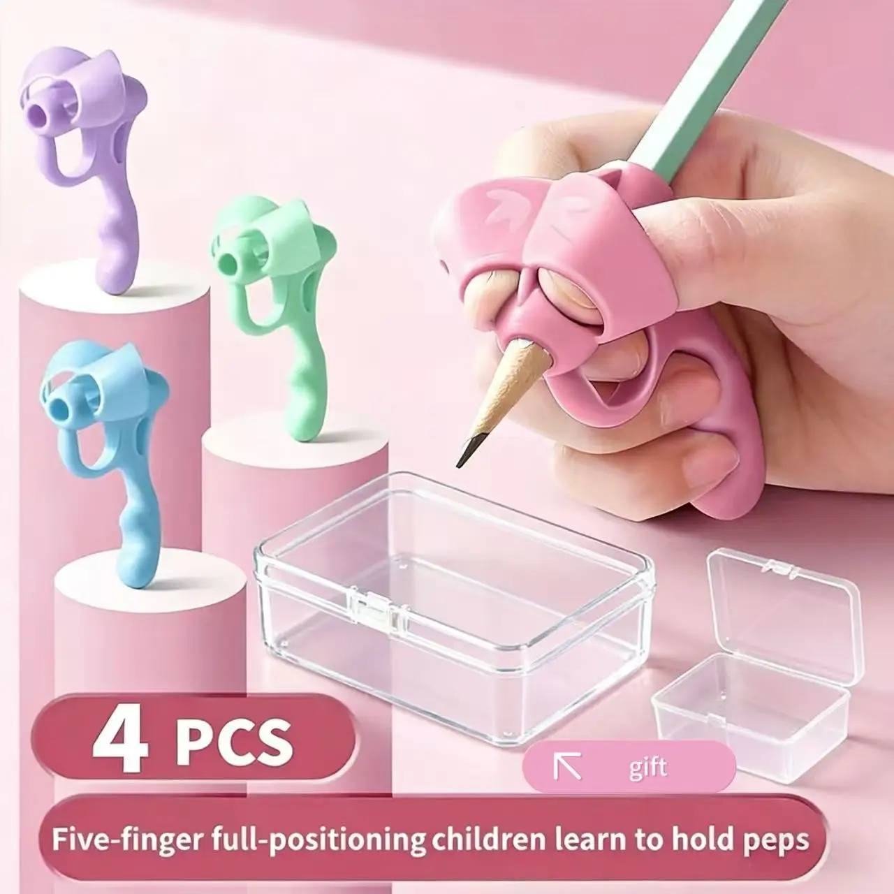 4pcs Grip Pen Corrector Set Writing Corrector Soft Rubber Writing Posture Grip Pen Handwriting Aid Correction Tool