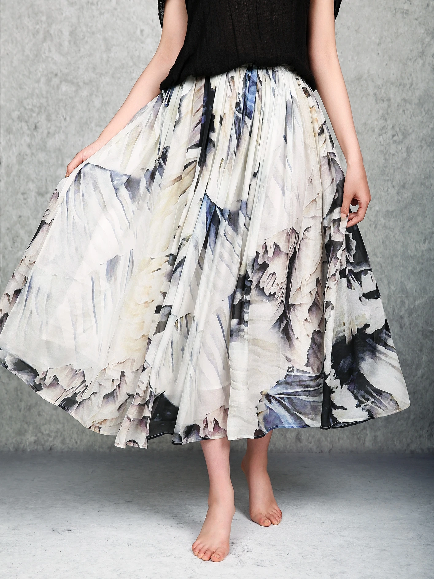 

Ele Retro Silk Print f Skirt Women's Summer High-End A-Line Skirt Wide Hemline Silk Satin mid Waist Commute Sle