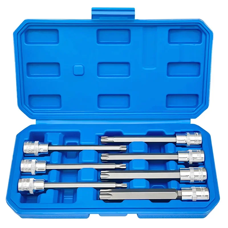 

7 Piece T25-T60 CR-V and S2 Material 3/8" Drive 110mm Length Premium S2 Steel 110mm Extra Long Torx Star Bit Socket Set