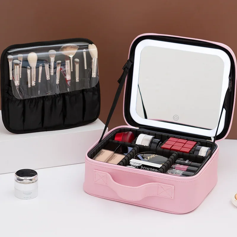 LED Lighted Cosmetic Case with Mirror Waterproof PU Leather Portable Travel Makeup Storage Bags make up organizer bag