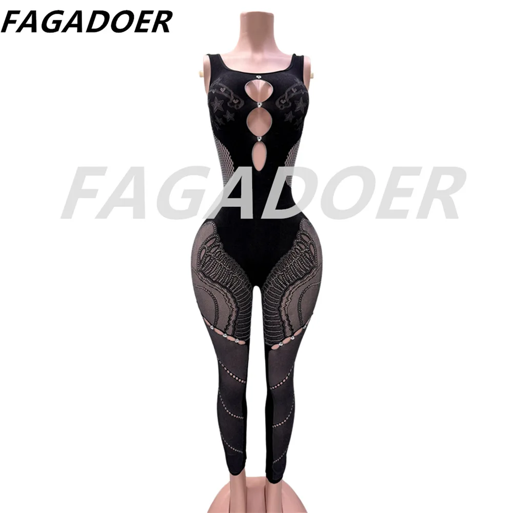 Fagadoer sexy grosso laço oco uma peça macacões feminino ver através sem mangas bodycon macacão femlae clubwear roupas 2024