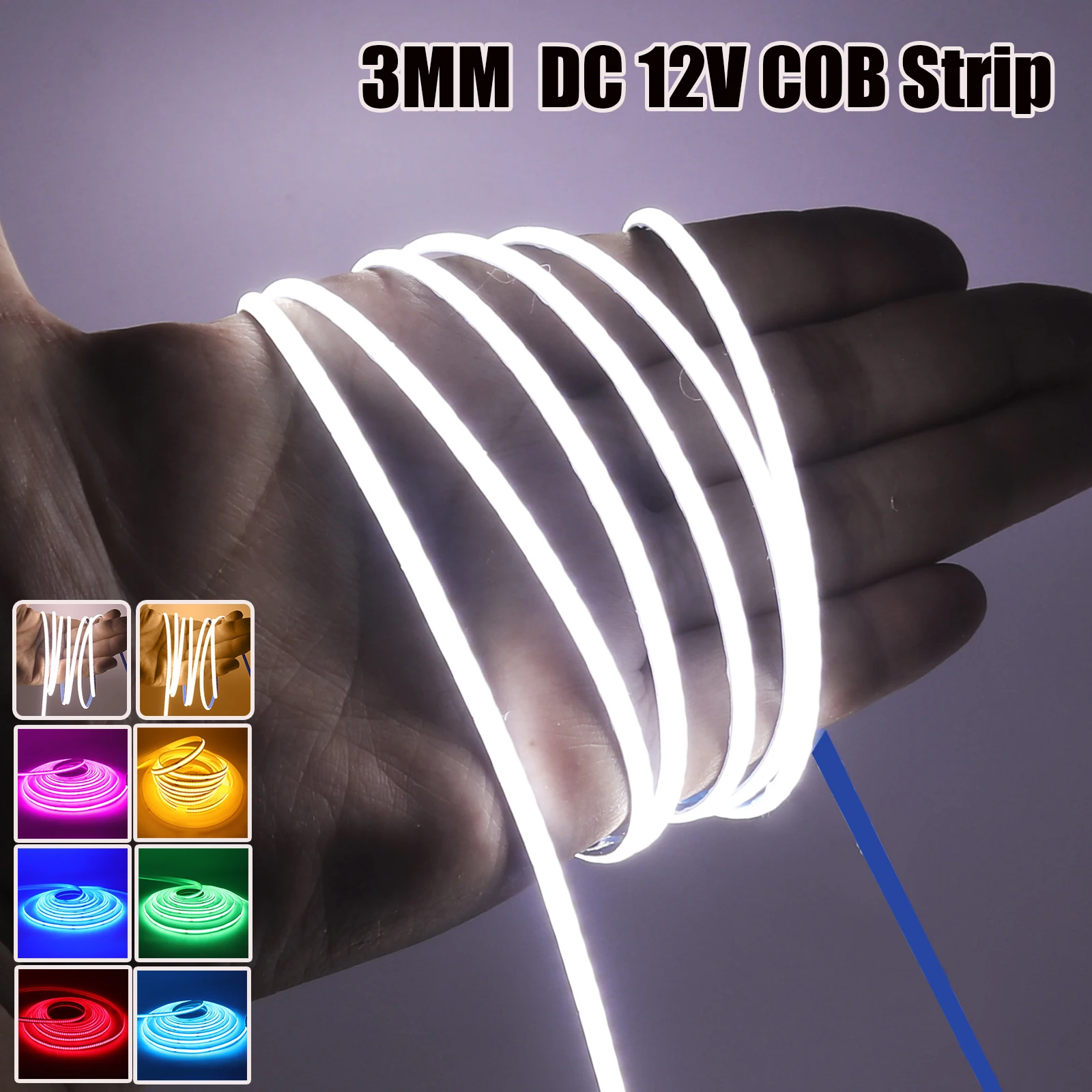 폭 3mm COB 스트립, DC 12V, 화이트, 핑크, 레드, 옐로우, 아이스 블루, 그린 TV 백라이트, 홈 장식, 320LED/M 유연한 리본 로프 LED 조명