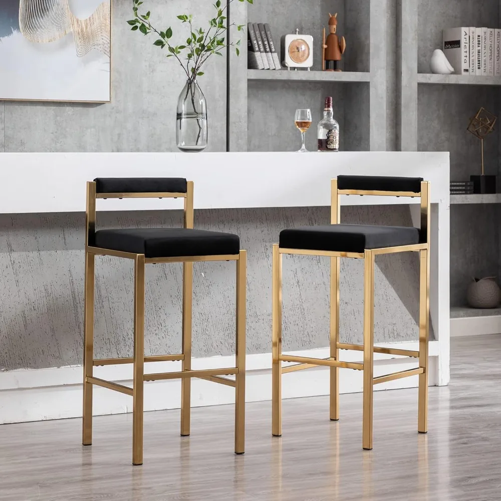 مجموعة مقاعد بار سوداء مخملية مقاس 30 بوصة مكونة من قطعتين، كراسي طعام عالية لجزيرة المطبخ الذهبية المنجدة الحديثة مع مساند للقدمين #5