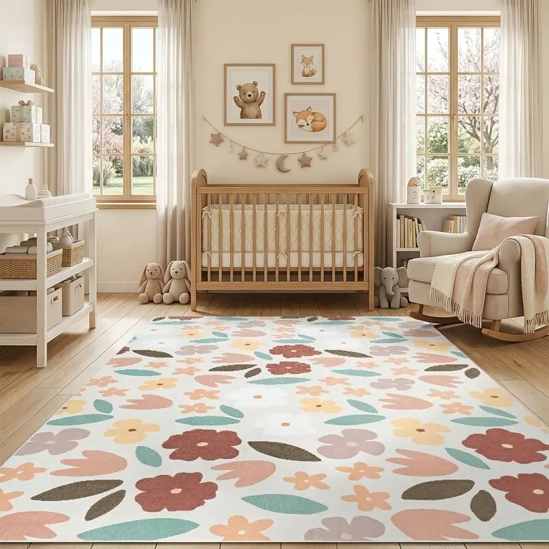 VIKAMA Bohemian Floral Area Rug Washable Non-Slip Living Room Carpet Noise-Reducing Bedroom Rug Home Decor Aesthetic Vintage