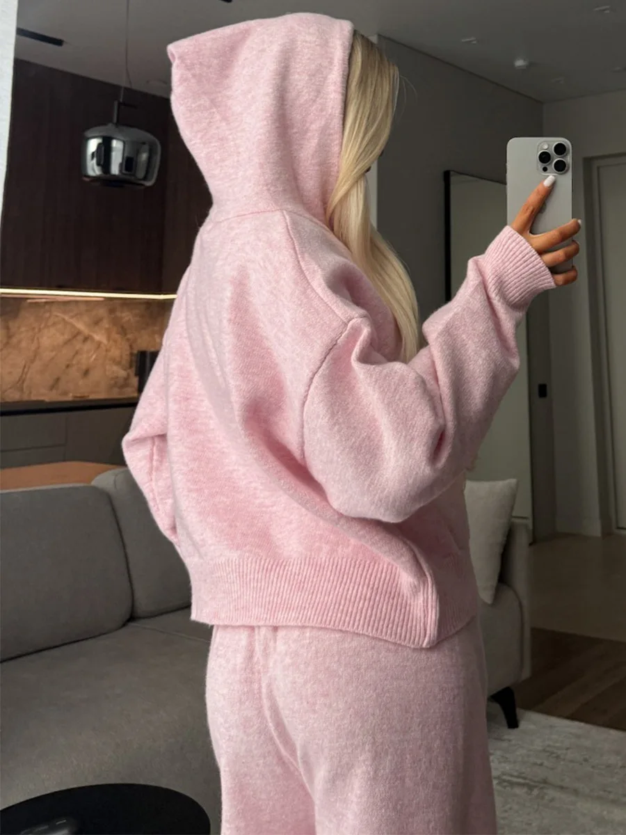Wolfeel 2026 Autumn Winter New Hooded Zipper Knitted Top High Waist Wide Leg Pants Casual Two Piece Set