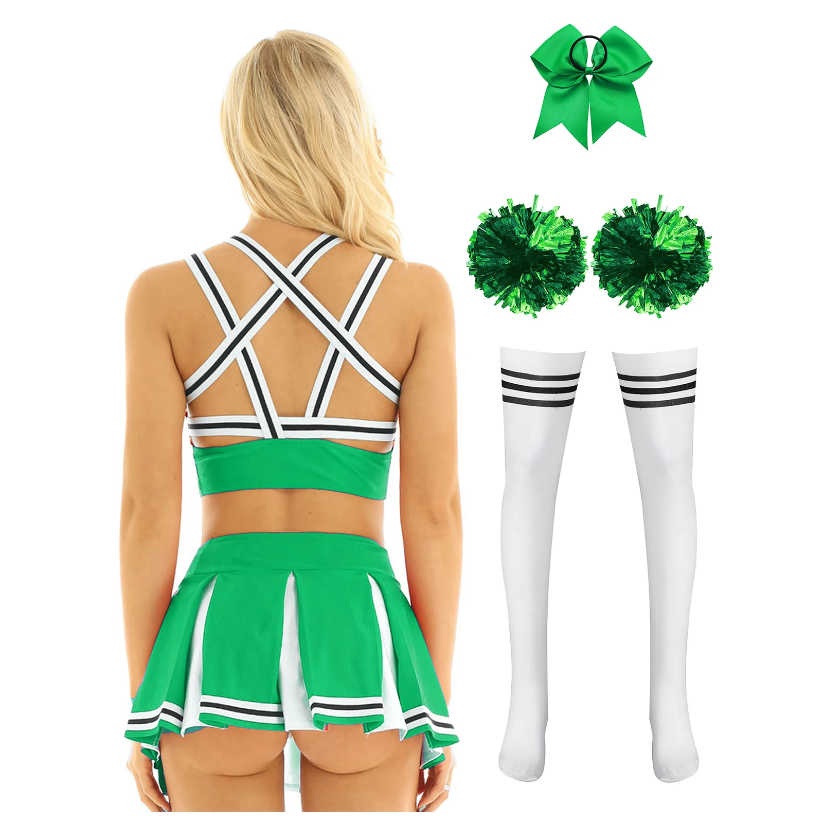 Women Charming Cheerleading Set Strappy Back Crop Top with Mini Pleated Skirt And Hair Tie Headband Flower Balls Stockings