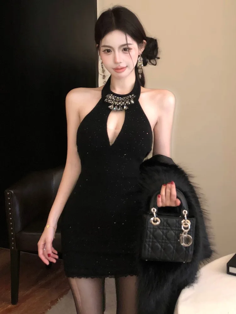 

Black Heavy-Work Neck Hanging Dress Women's Autumn Winter High-End Sensation Slimming Sexy Girl Body Contouring Evening Dress