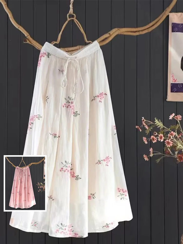 

Ele Artistic Embroidered Flax Skirt Large Size Women's Dstring Elastic Waist Slimming Long A-Line Skirt Summer