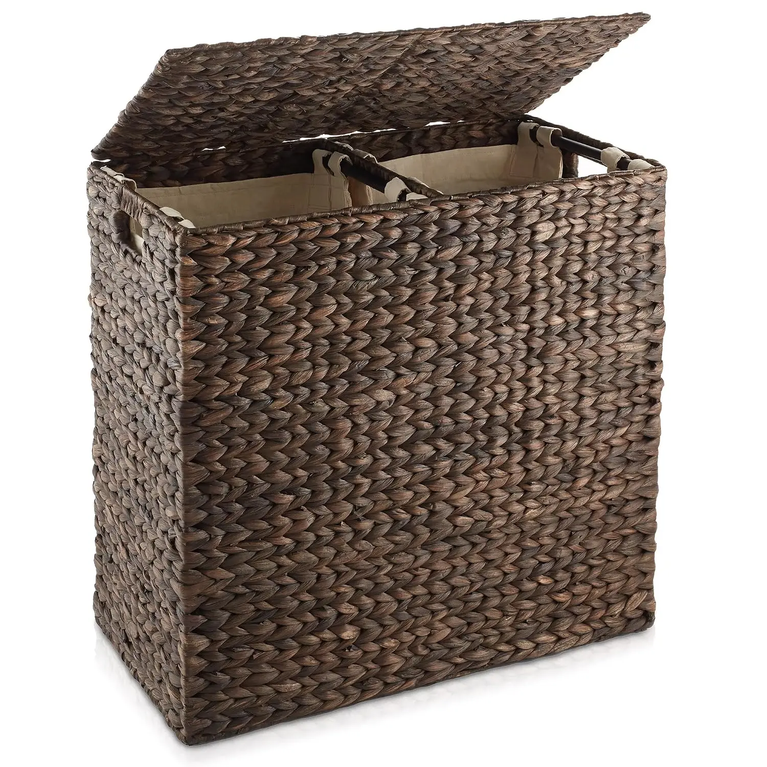 2-Section Laundry Hamper with Removable Liner Bags - Espresso Dark Brown, Woven Water Hyacinth Double Laundry Basket Sorter