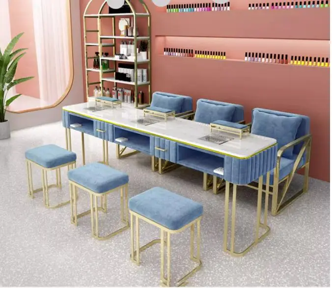 High-end manicure table and chair set with vacuum cleaner single double triple marble manicure table light luxury