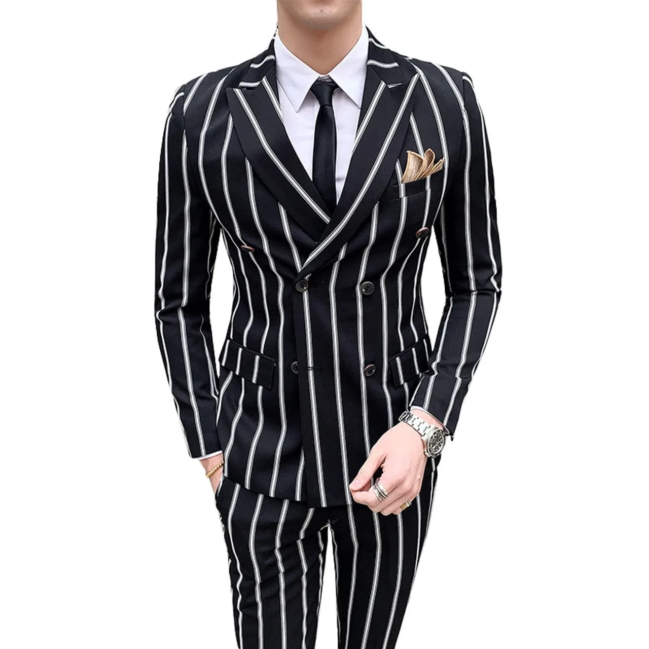 2 Piece Suit Slim Fit Mens Set  Double-breasted Wedding Groomman Pinstripe Notched Lapel For  (Blazer+Pants)