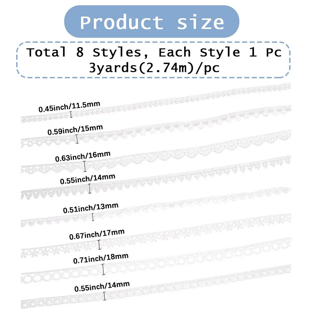 24 Yards 8 Styles Milk Fiber Lace Trim Ribbon Clothes Accessories White 1/2~3/4 inch(11.5~18mm) 3 yards/style