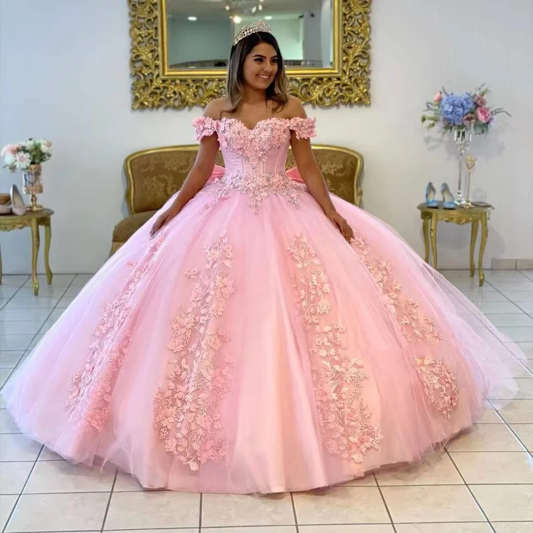 Angelsbridep Roze Baljurk Prinses Meisje Zoete 15 Quinceanera Jurken Lange Sexy V-hals Handgemaakte Bloemen Geappliceerd Prom Party