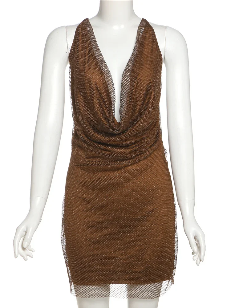 Weird Puss Mesh Patchwork Mini Dress Women Swing Collar Sleeveless Backless High Elastic Midnight Club Party Elegant Outfits