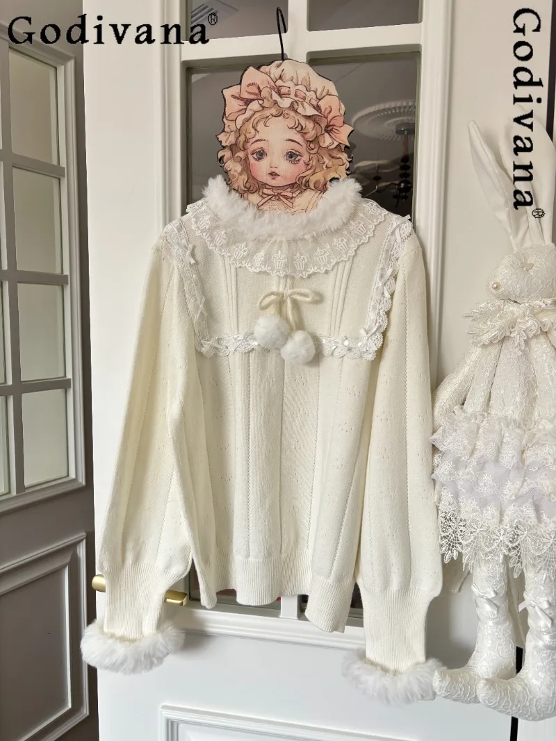 

Japanese Original Lolita Design Fur Collar Knitted Base Shirt Sweet Cute Girl Daily Versatile Warm Inner Sweater