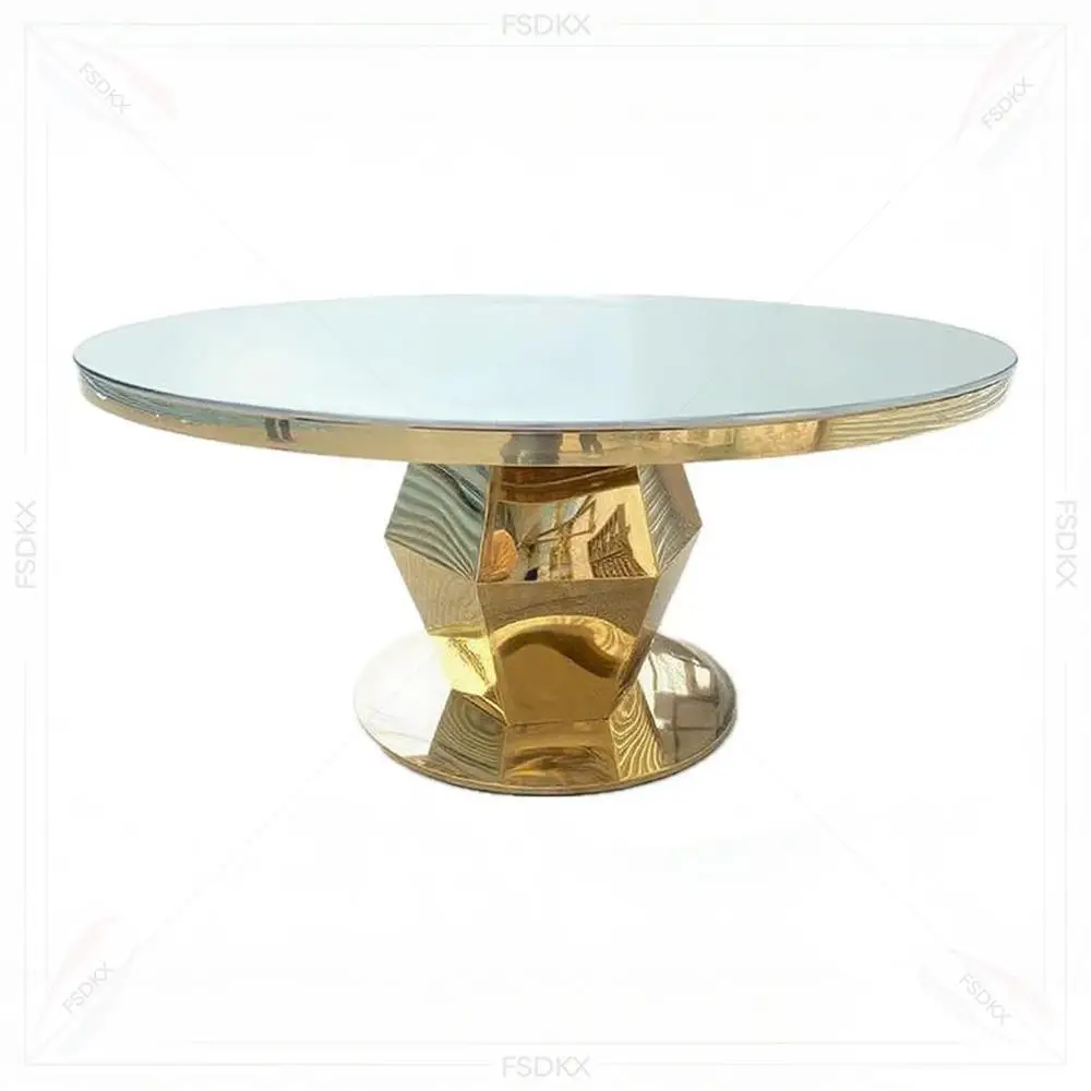 FSDKX Foshan Furniture 150cm Round Mirror Table for Wedding Gold Stainless Dining Table for Wedding Part Events