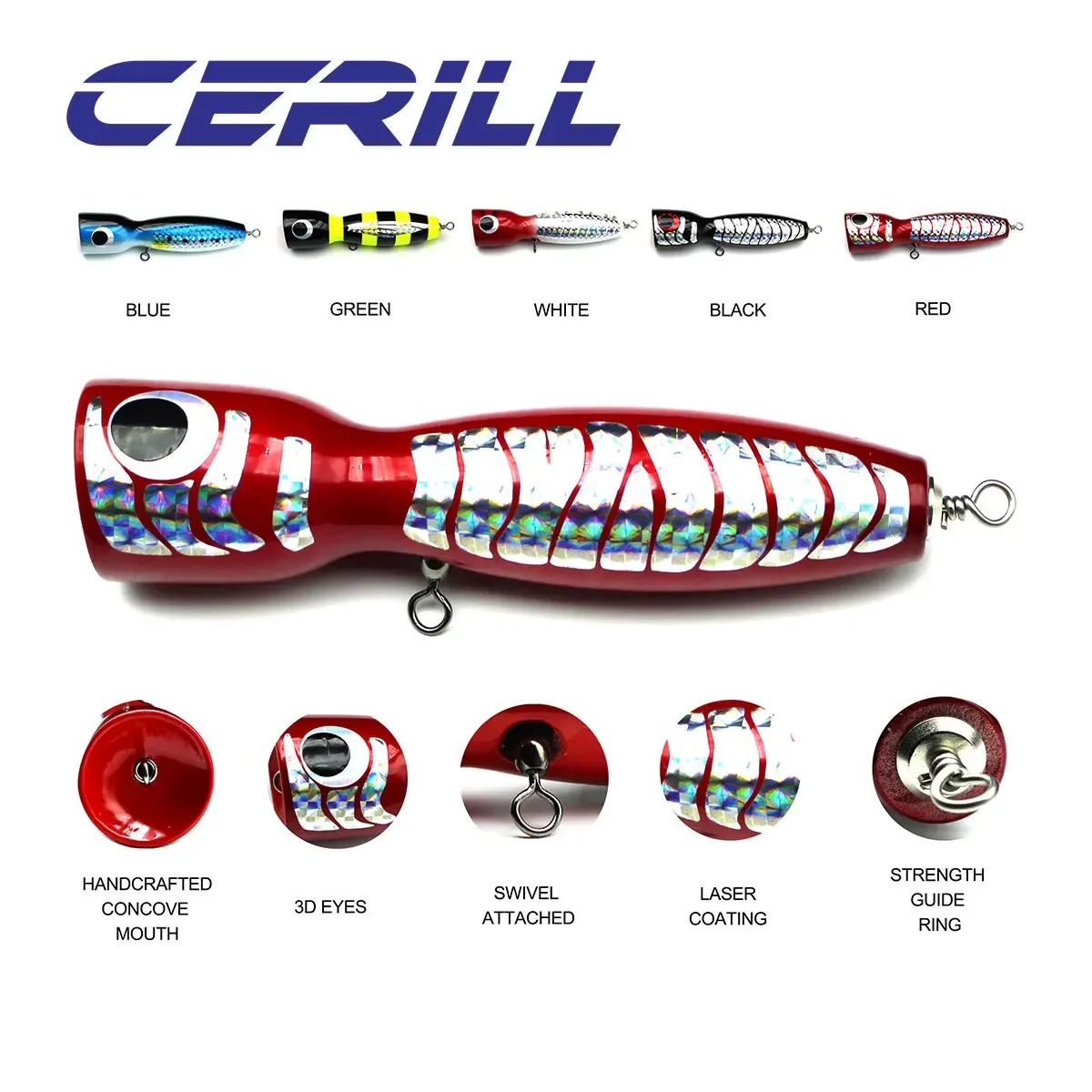 Cerill 1 PC 19cm 120g Handmade Wood Popper Topwater Fishing Lure Trolling Big Game Jigging Crankbait Long Shot Tuna Bait Tackle