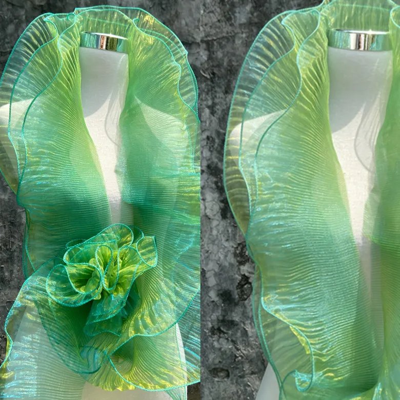 

Translucent Yellow een adient Color Otago antung Wedding Dr Fabric with 3D Pleats And Lace Trim 3cm Home Fabric