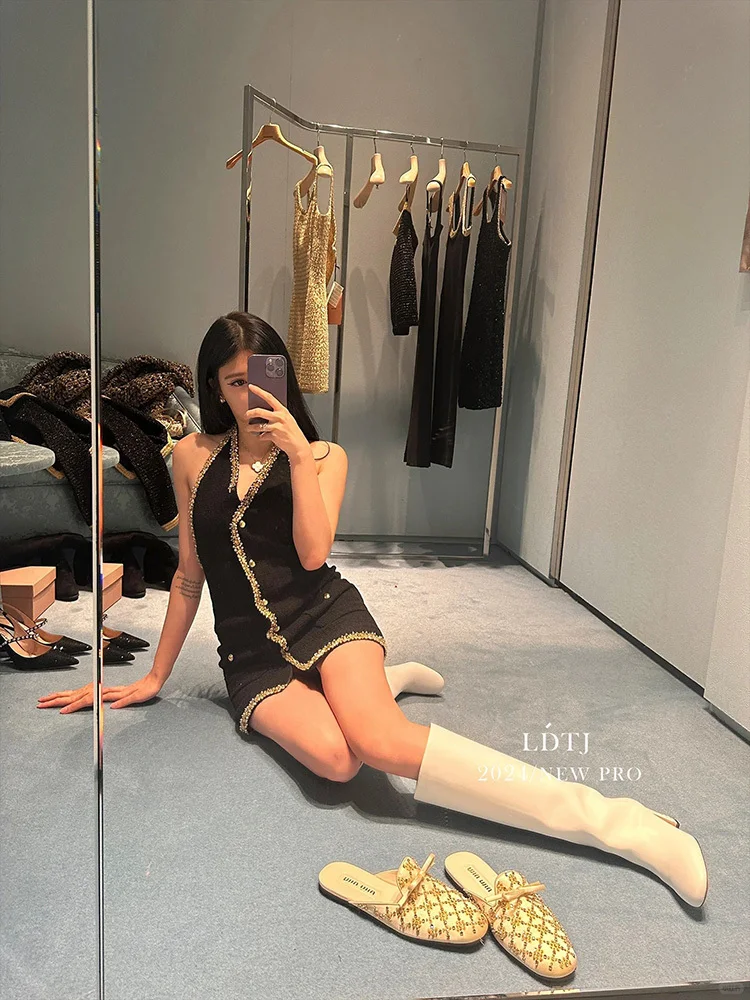 [oein] Haute Couture Dress, Spring Winter New Miu Miu, Socialite, Heiress, Heavy Industry, Hanging Neck, Diamond Studded Nail