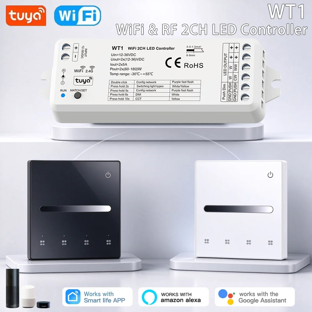 Tuya WiFi RF 2CH LED Controller DC 12V 24V Smart Dimmer Work with Alexa Google Assistant 4Zone Wall Mounted Touch Panel Remote