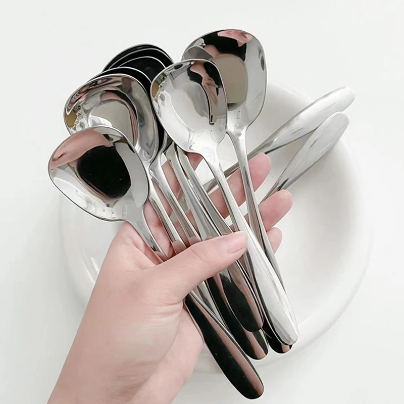3 Size Stainless Steel Large Square Kitchen Spoon Flat-bottomed Rice Soup Ladle For Dessert Soup Spoon Tea Spoon