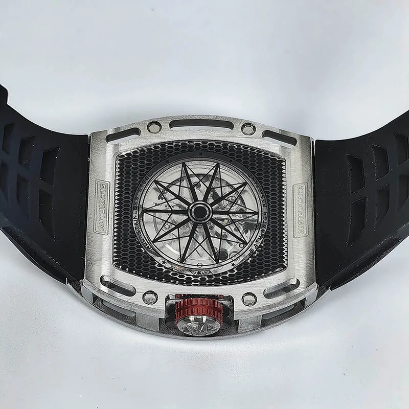 TVSILA Original Miyota Men's Automatic Mechanical Watch Stainless Steel Case Silicone Band Skeleton Waterproof Sport Wristwatch