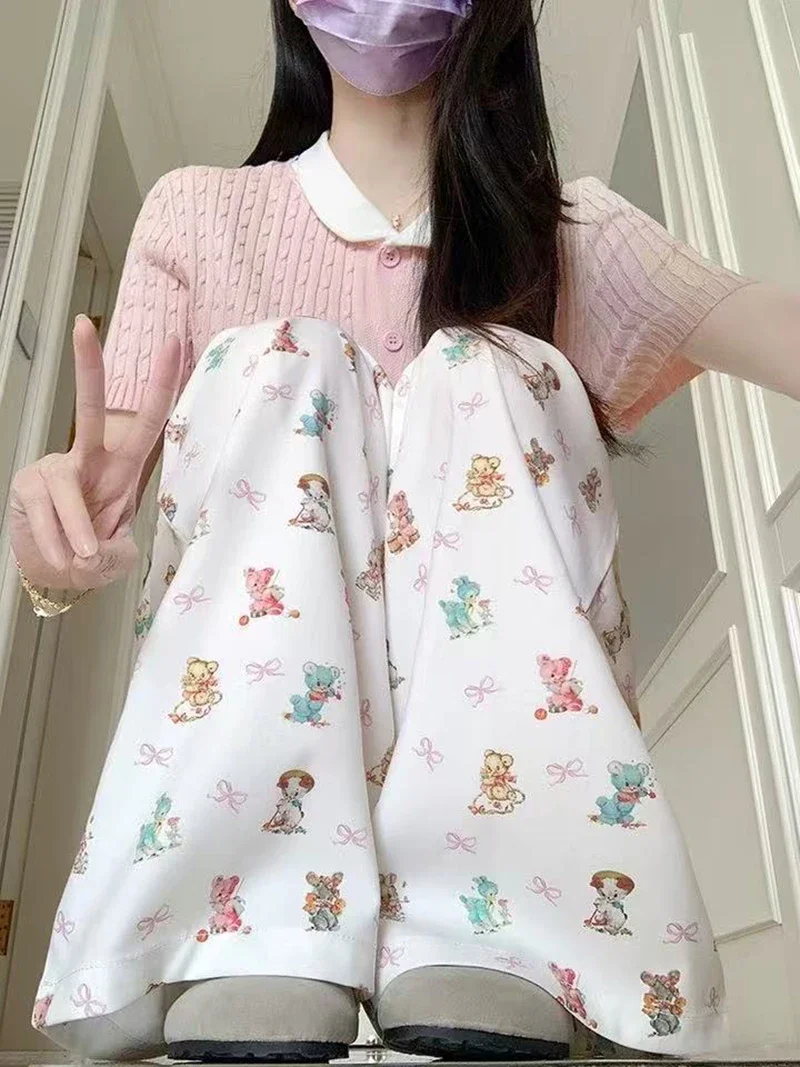 Damskie białe jeansy vintage z nadrukiem kreskówkowej kokardy Y2k, z wysokim stanem, szerokie nogawki, spodnie dżinsowe w stylu streetwear, proste, codzienne spodnie z lat 2000.