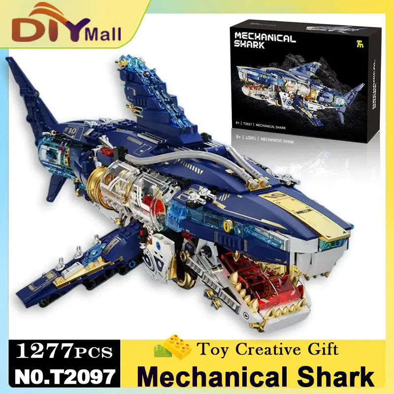 

Механический комплект для сборки акулы MOC, 1277 шт., модель глубоководного существа со светодиодной подсветкой и подставкой, игрушка STEM для детей и подростков