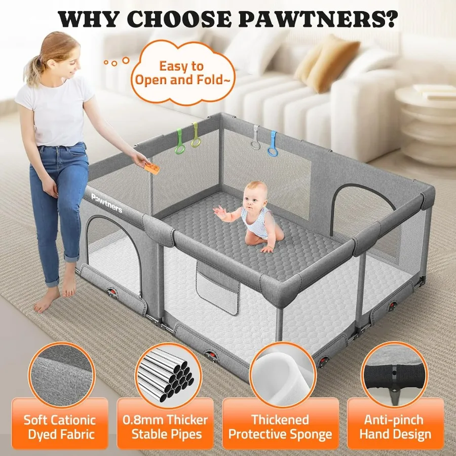 Cercadinho de bebê dobrável para uso interno e externo: 71 L x 59 L x 27 H Grande quintal de jogo com tapete removível Design portátil Featuri