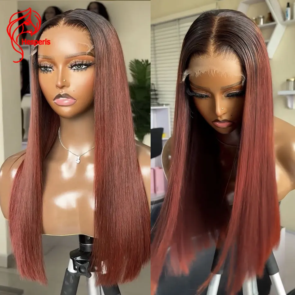 Hesperis Silky Straight Dark Ginger Brown 13x6 Lace Frontal Wig Remy Hair Ombre Lace Front Wig PrePlucked Transparent Lace Wig