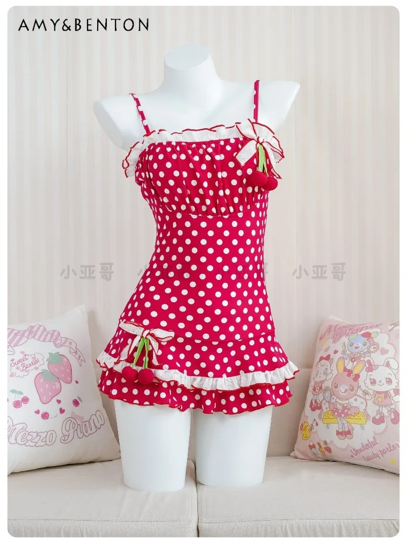 

Милый милый стиль девушки в горошек с принтом на ремне, сексуальный купальник, женский летний кавайный купальник с подвеской в виде банта, двухслойный пышный купальник, цельный купальник