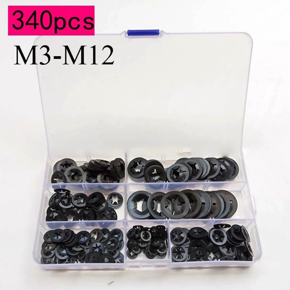 340Pcs M3 M4 M5 M6 M8 M10 M12 Push-on Locking Washers Star Nut Locking Fastener Assorted Kit