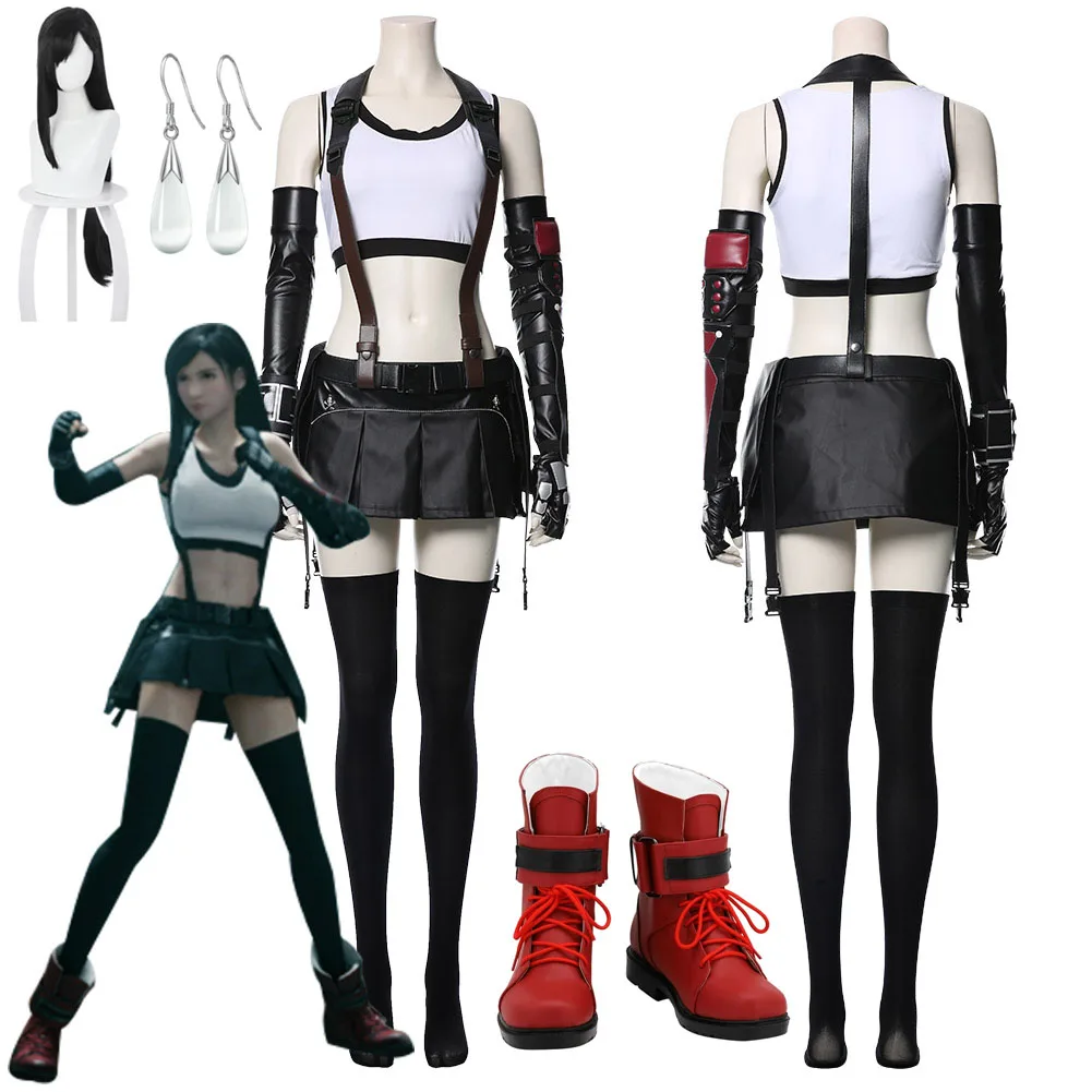 Final VII Tifa Lockhart Cosplay Feminina, Perucas Fantasia, Jogo de Anime, Disfarce, Traje Halloween, Adulto