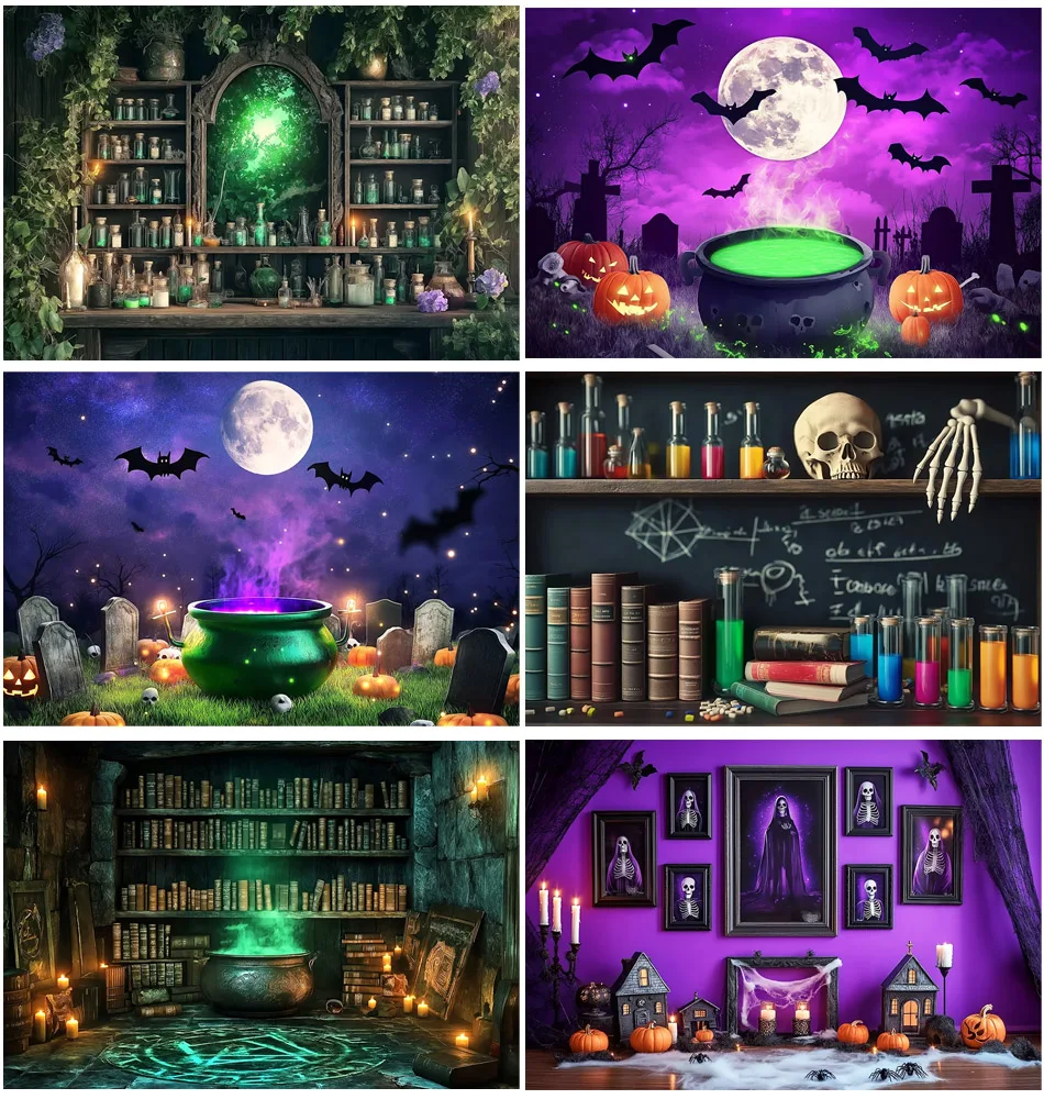 

Halloween Backdrop Magic House Skull Bookshelf Candlestick Vintage Portrait Halloween Photography Background for Photo Studio