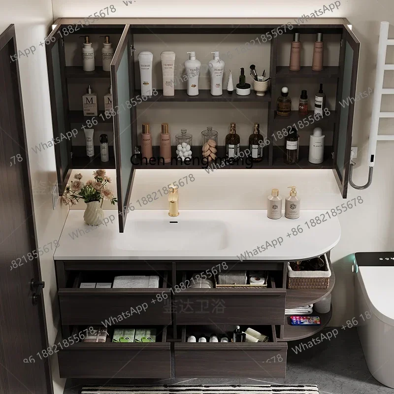 Medieval style rock slab hot bending integrated basin bathroom cabinet combination arc hand washing basin cabinet combination