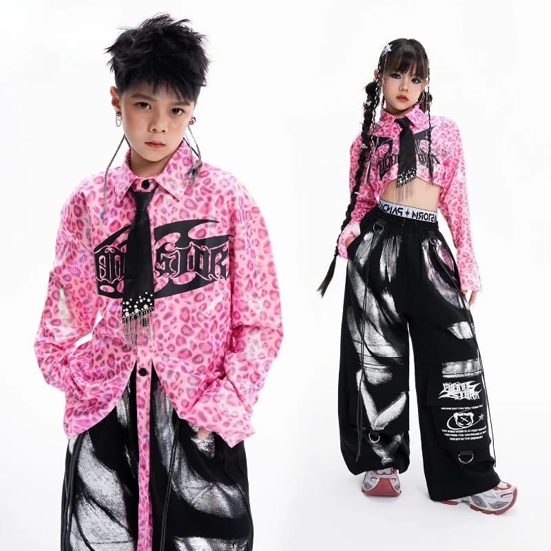 ملابس الهيب هوب للأولاد للرقص في الشوارع وردي بأكمام طويلة وسراويل سوداء للفتيات أزياء أداء الجاز مجموعة أزياء ملابس المسرح