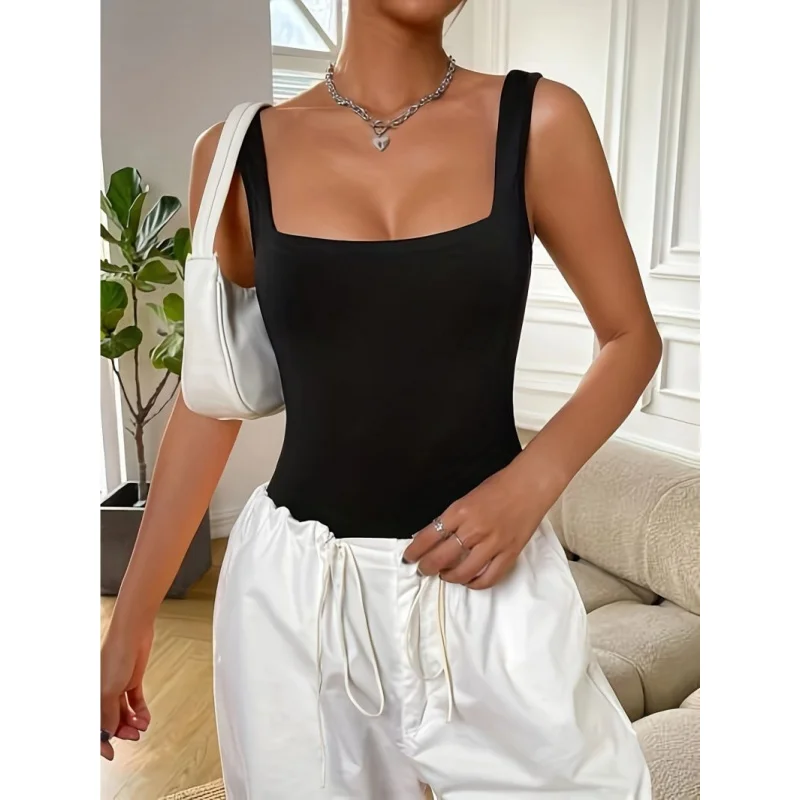 أوروبا والولايات المتحدة ياقة مربعة بسيطة ضيقة مثيرة بلون صلب لفصل الربيع والصيف بدون أكمام #1