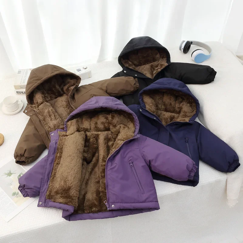Children Thick Fleece Hooded Winter Coat Boy Girls Warm Padded Outerwear with Zipper Pockets Toddler School Outdoor Jacket 2-13Y