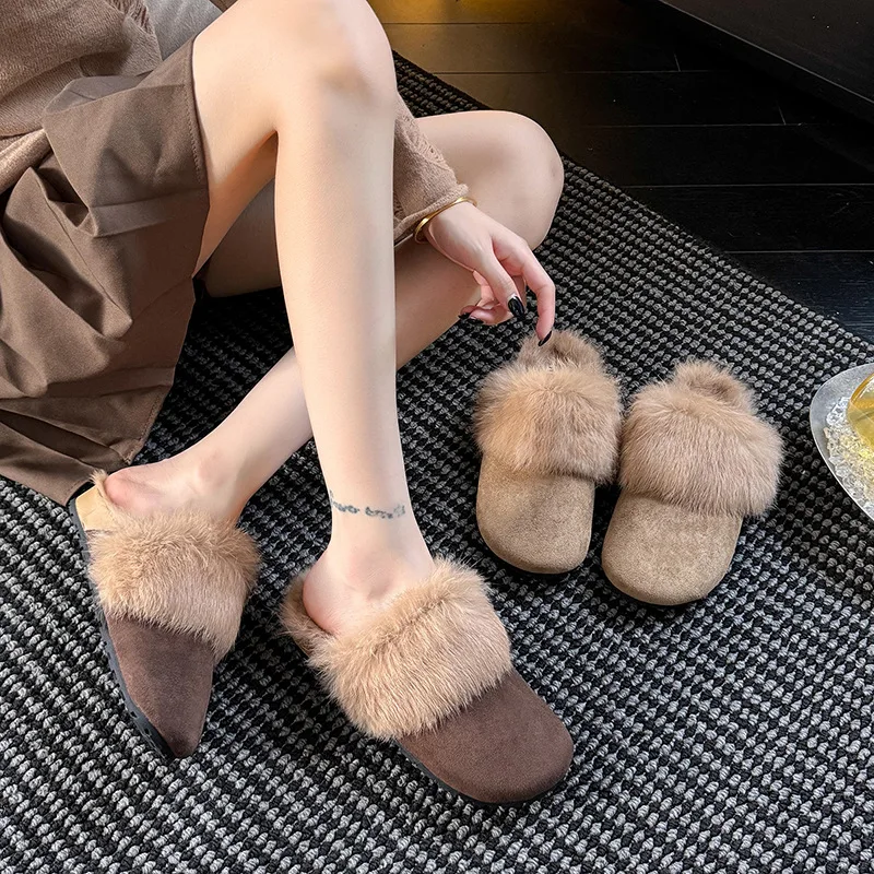 

Winter Warm Slides Sheepskin Women's Real Wool Fur Slippers Home Indoor Winter Shoes Lady Open Toe Slide Furry House Slippers