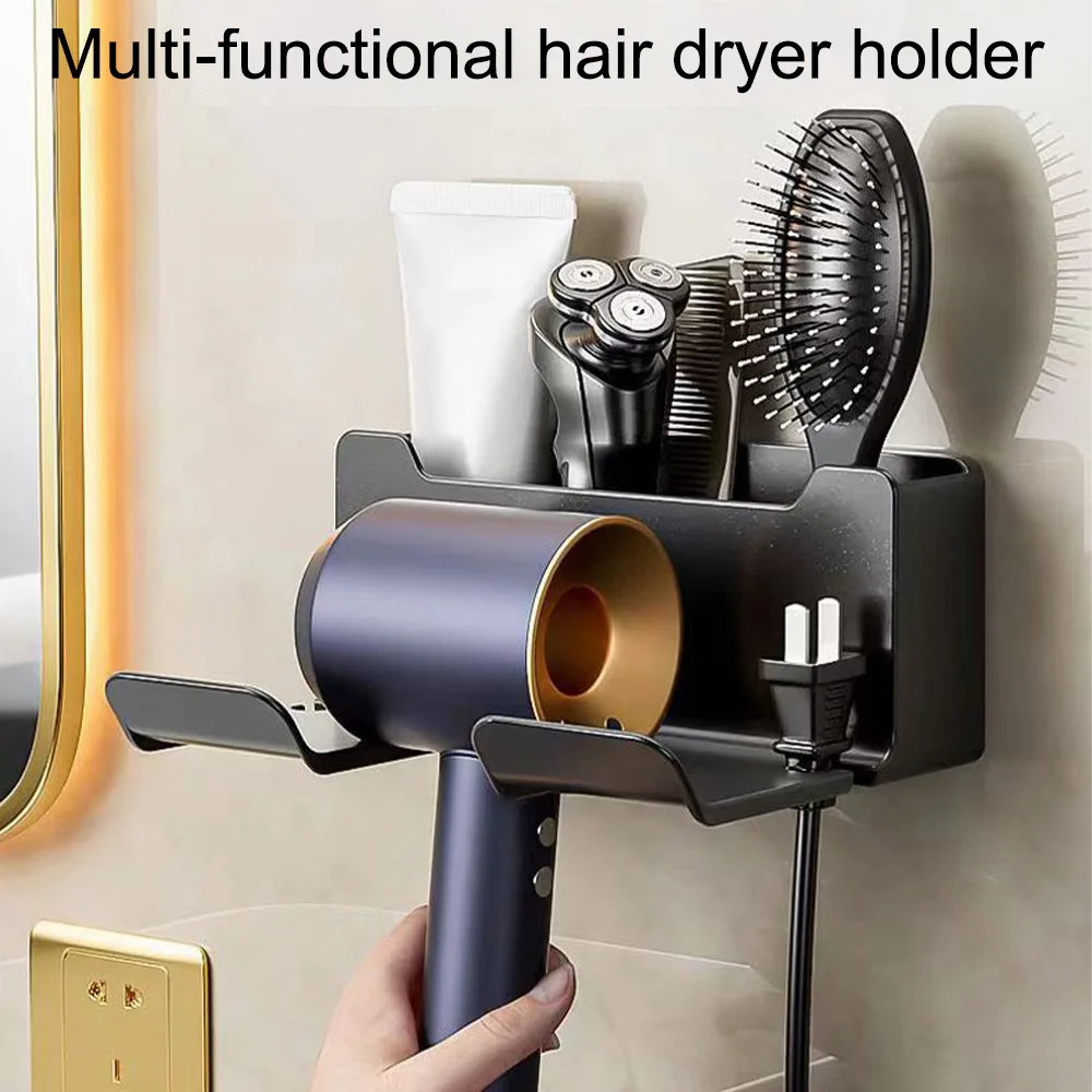 Hair Dryer Holder Wall Mounted Dryer Cradle Straightener Stand With Storage Box Plastic Toilet Blower Shelf Bathroom Accessories