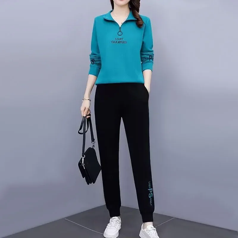 Spring Autumn Women Sets Stand Collar Sweatshirts+Pants 2Pcs Suits Letter Embroidery Female Casual Tracksuit Fashion Outfits